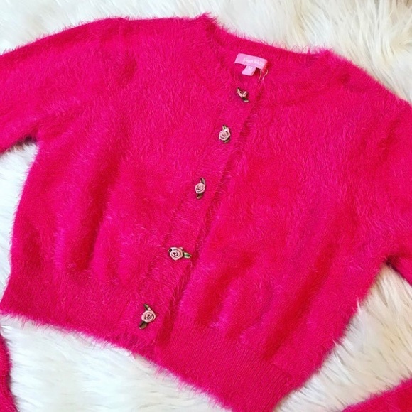 Sugar Thrillz Sweaters Sugar Thrillz Fuzzy Pink Cardigan With